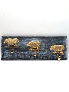 Hand Crafted Hat Key Coat Rack 3 Bear Hooks Wall Mount Blue Distressed`15"